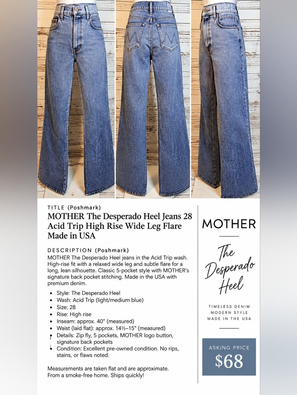 MOTHER The Desperado Heel High Rise Wide Leg Jeans Size 28 Acid Trip